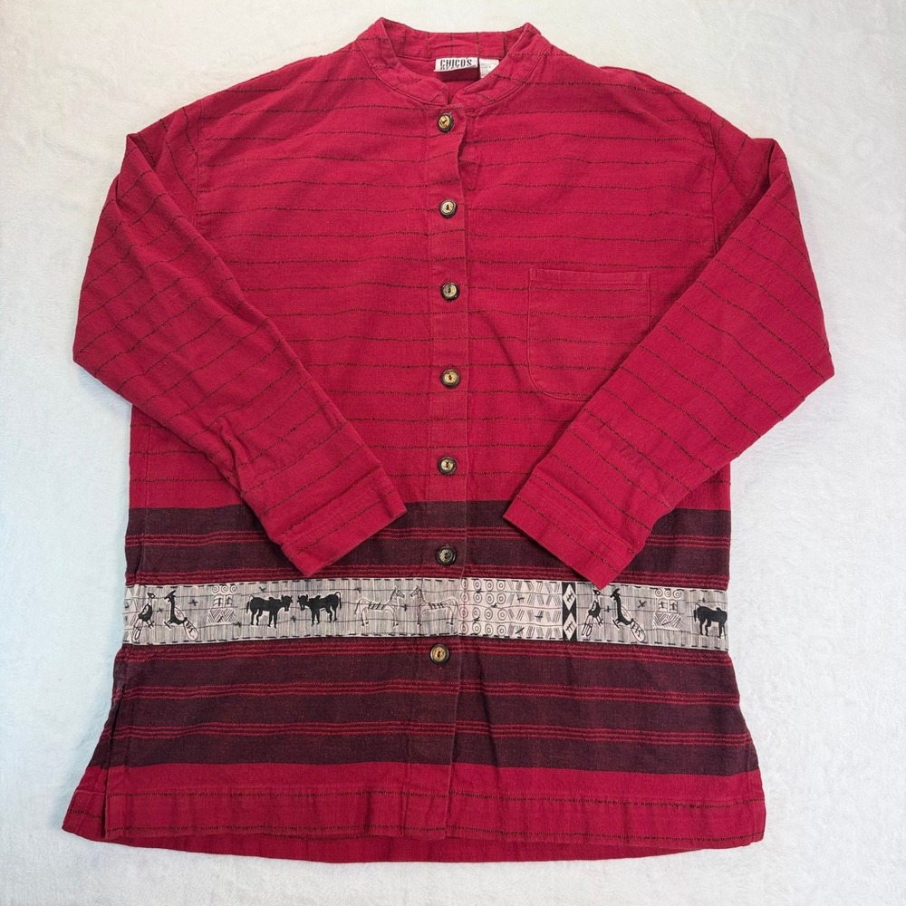 Vintage 90s Chicos Design Red 100% Cotton Southwest Animal Print Shacket/Shirt